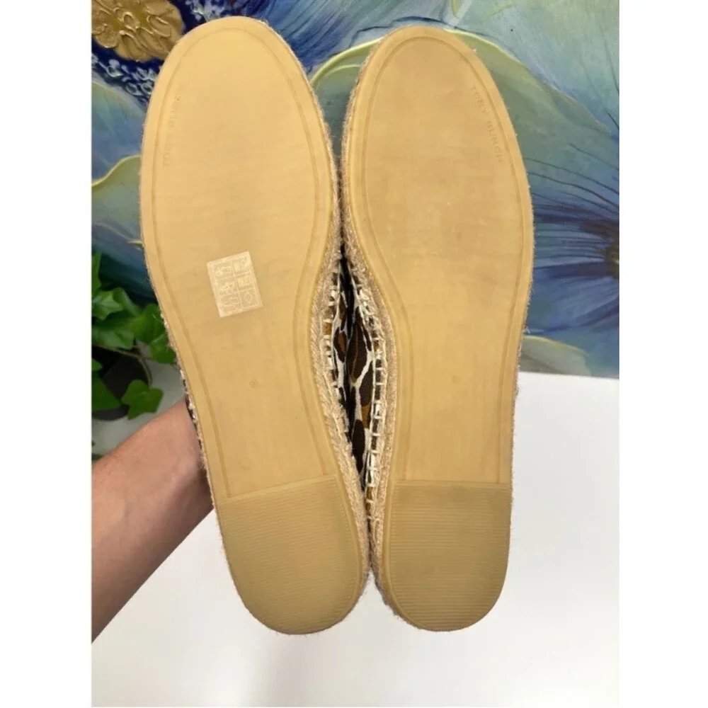 New Tory Burch Ines Leopard Print Canvas Espadrille Flats Brown Tan Women 9.5